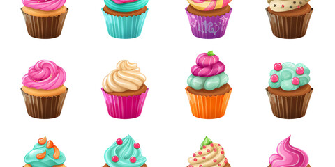 Cartoon cupcakes with two-color sweet cream frosting and berry
Concept: cooking and holiday celebrations, creative master classes, children's cafe menus
