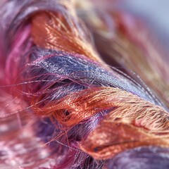 Close-up of soft purple fibers with highlights of pink and orange, demonstrating the softness and fine detail of the material