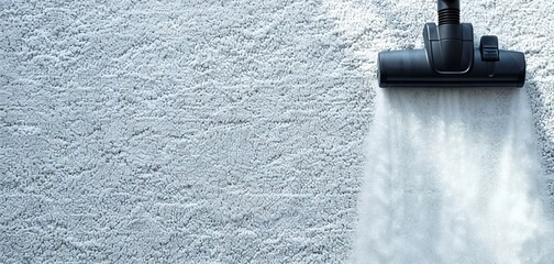 Vacuum cleaner head gliding over fluffy white rug. Carpet cleaning revealing a fresh, clean stripe. Concept of home cleanliness, dust reduction, and professional cleaning services. Banner. Copy space.