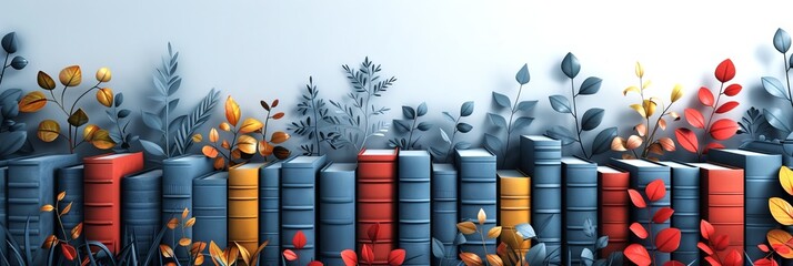 Books with foliage. Colorful leaves and book spines in a serene composition. Concept of literary beauty, seasonal reading, and decorative book art. Banner. Copy space. Art