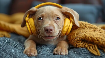 A happy puppy adorned with colorful headphones enjoys the beat, perfect for music promotions