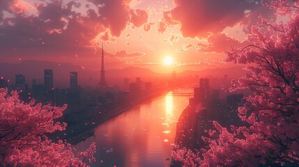 Pink blossoms framing a city skyline at sunset. A stunning urban springtime scene. Concept of urban renewal, spring blossoms, and picturesque cityscapes. Digital illustration
