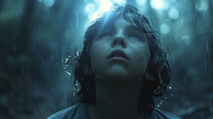 Child in rain, looking up at the sky with wonder. A moment of pure connection with nature during a downpour. Concept of innocence, rain's beauty, and tranquil moments.