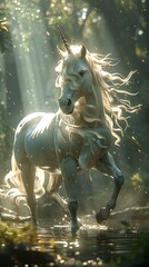 Majestic magic unicorn horse, flowing mane, mythical creature in a magical forest, surreal 3D render