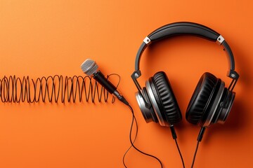 Above view of headphones on orange background