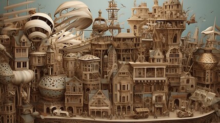 In this whimsical steampunk cityscape, towering airships soar amidst a sky painted with hues of orange and pink, casting shadows over the bustling streets below.





