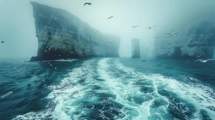  Liquid vessel on azure sea with towering rock backdrop, under sky © yuchen