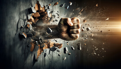 Powerful Fist Breaking Through a Concrete Wall