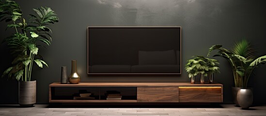 In a cozy room filled with green plants, there is a modern television placed on a wooden stand.