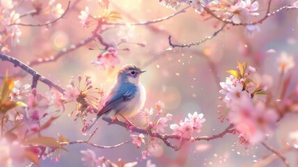 Harmony of Nature: Colorful Bird, Songbird Amidst Delicate Cherry Blossoms, Visual Symphony of Vibrant Plumage and Soft Pastel Hues, Melodious Serenity in Springtime Oasis
