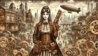 Fototapeta premium Steampunk Woman with Gadgetry in Vintage Cityscape