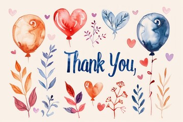 Charming expressions: watercolor thank you illustrations featuring leaves, hearts, and balloons - obrazy, fototapety, plakaty