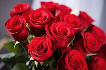Close-up shot of a lush bouquet of vivid red roses, a symbol of deep love and affection. Close-up of Fresh Red Roses Bouquet