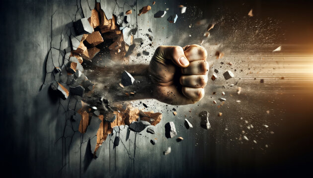 Powerful Fist Breaking Through a Concrete Wall