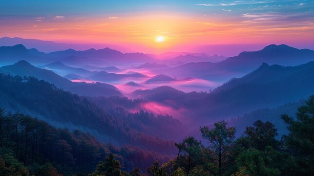 Sun setting behind fogcovered mountains, painting the sky with colors of dusk