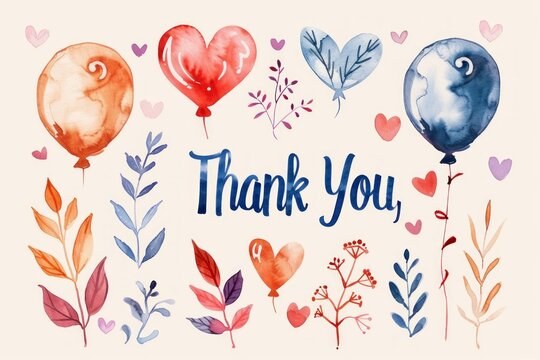 Charming expressions: watercolor thank you illustrations featuring leaves, hearts, and balloons