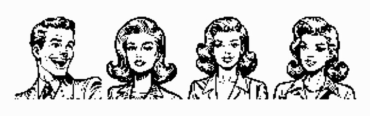 Smiling women and men speak in a bold pixel art Pop Art style. Simple icon set for avatars, education.