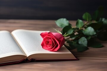 A red rose lies across an open book on a rustic wooden surface, suggesting a romantic story. Open Book with a Red Rose on Wooden Table