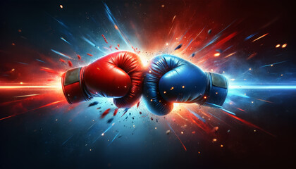 Red and Blue Boxing Gloves Clash with Sparks - obrazy, fototapety, plakaty