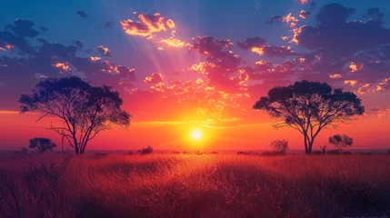 Deurstickers Sun setting behind trees, casting warm glow on field © yuchen