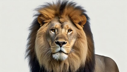 view of an adult male Lion - Panthera Leo - looking at the camera, isolated on white background - obrazy, fototapety, plakaty