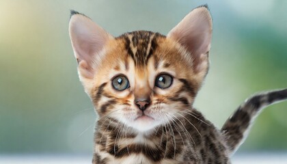 Portrait of domestic bengal kitten - almost 1 month old. Cute young cat standing and looking at camera. Curious young striped kitty with round rosettes blurred forest background - Powered by Adobe