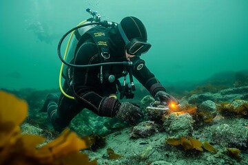 Naklejka na ściany i meble Diver exploring the ocean floor