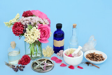 Tranquilizing flowers herbs with valerian root, rose, elder and lavender used in alternative herbal medicine. Adaptogen food ingredients with tincture, oil, water bottles with crystal. - 765232593