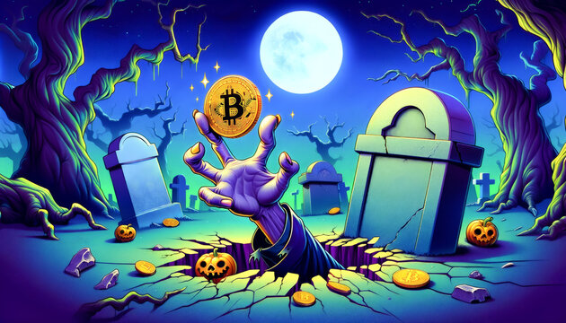A zombie hand emerges from the ground, grasping a shiny Bitcoin