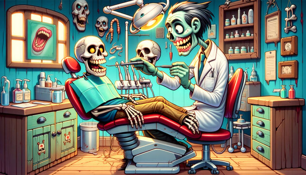 Zombie Dentist Performing Checkup in Creepy Clinic