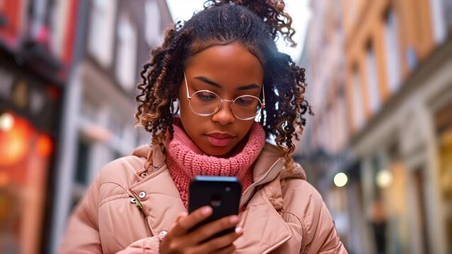 Pushing Towards An African American Gen-z Teenage Girl Looking At Her Smart Phone With A City Street Behind Her