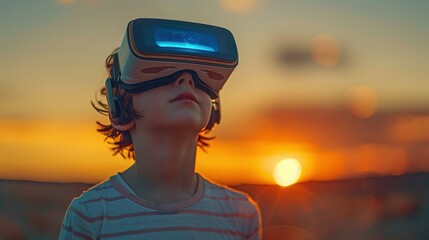 A young boy wearing a virtual reality headset is looking up at the sky. Concept of wonder and excitement as the boy explores the virtual world