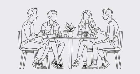 Modern, linear vector illustration of diverse people gathered around a table, a discussion
