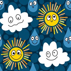 Summer cartoon weather seamless sun and clouds pattern for wrapping paper and fabrics and linens and kids