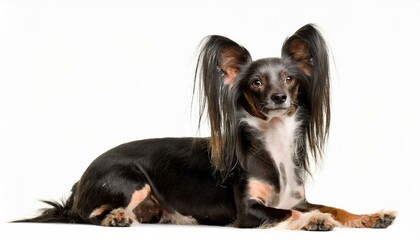 chinese crested dog - Canis lupus familiaris - domestic hairless breed of dog isolated on white background laying down and looking at camera