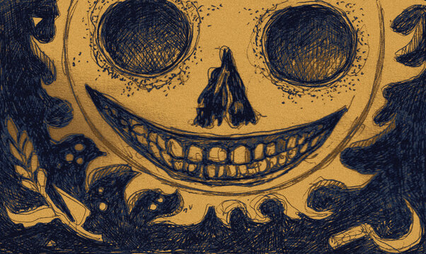 Skeleton dark sun. Sketchbook traditional art, original illustration created by human. Can be used as background or cover, clothes design, or other. 