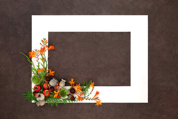 Autumn Fall Thanksgiving concept festive nature background frame with flowers, berry fruit, nuts with white frame on brown lokta paper. Floral design for harvest festival.