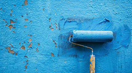 Blue paint roller transforms plain wall with strokes.