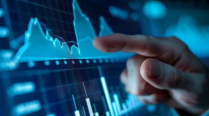 Businessmans hand gestures towards financial chart in close-up. - obrazy, fototapety, plakaty