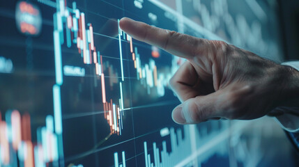 Businessmans hand points to stock graph in close-up.
