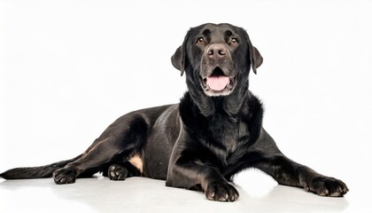 Black labrador lab retriever dog - Canis lupus familiaris - popular family dog, great with children isolated on white background laying down looking at camera with tongue out while panting - obrazy, fototapety, plakaty