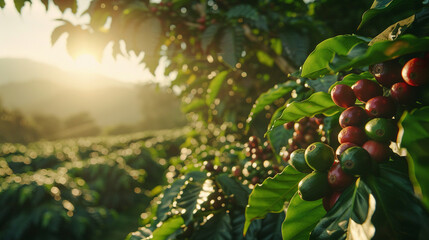 Coffee beans grow abundantly in the plantation. - obrazy, fototapety, plakaty