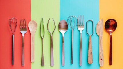 Wooden utensils and metal straws displayed on a colorful background, promoting a zero waste