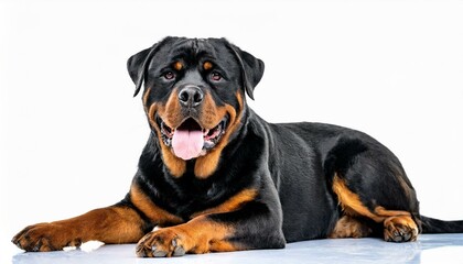 Rottweiler dog - Canis lupus familiaris - black and orange color large breed domestic animal isolated on white background panting with tongue out - obrazy, fototapety, plakaty