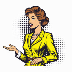 A confident woman speaks. Illustration in a bold Pop Art style. Perfect for education, coaching, business, themes.