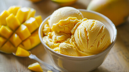 Delectable mango ice cream tub ready to savor.