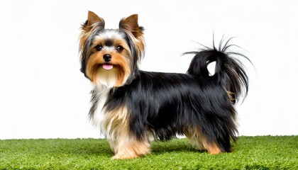 Small Yorkshire terrier Yorkie - Canis lupus familiaris - isolated on white background standing in green grass while looking at camera