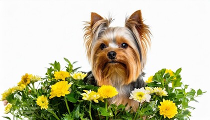 Small Yorkshire terrier Yorkie - Canis lupus familiaris - isolated on white background laying in group of yellow flowers