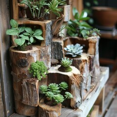 A variety of succulents and plants in creative log planters, showcasing a rustic and eco-friendly garden design