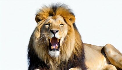 view of an adult male Lion - Panthera Leo - growling, looking at the camera, isolated on white background